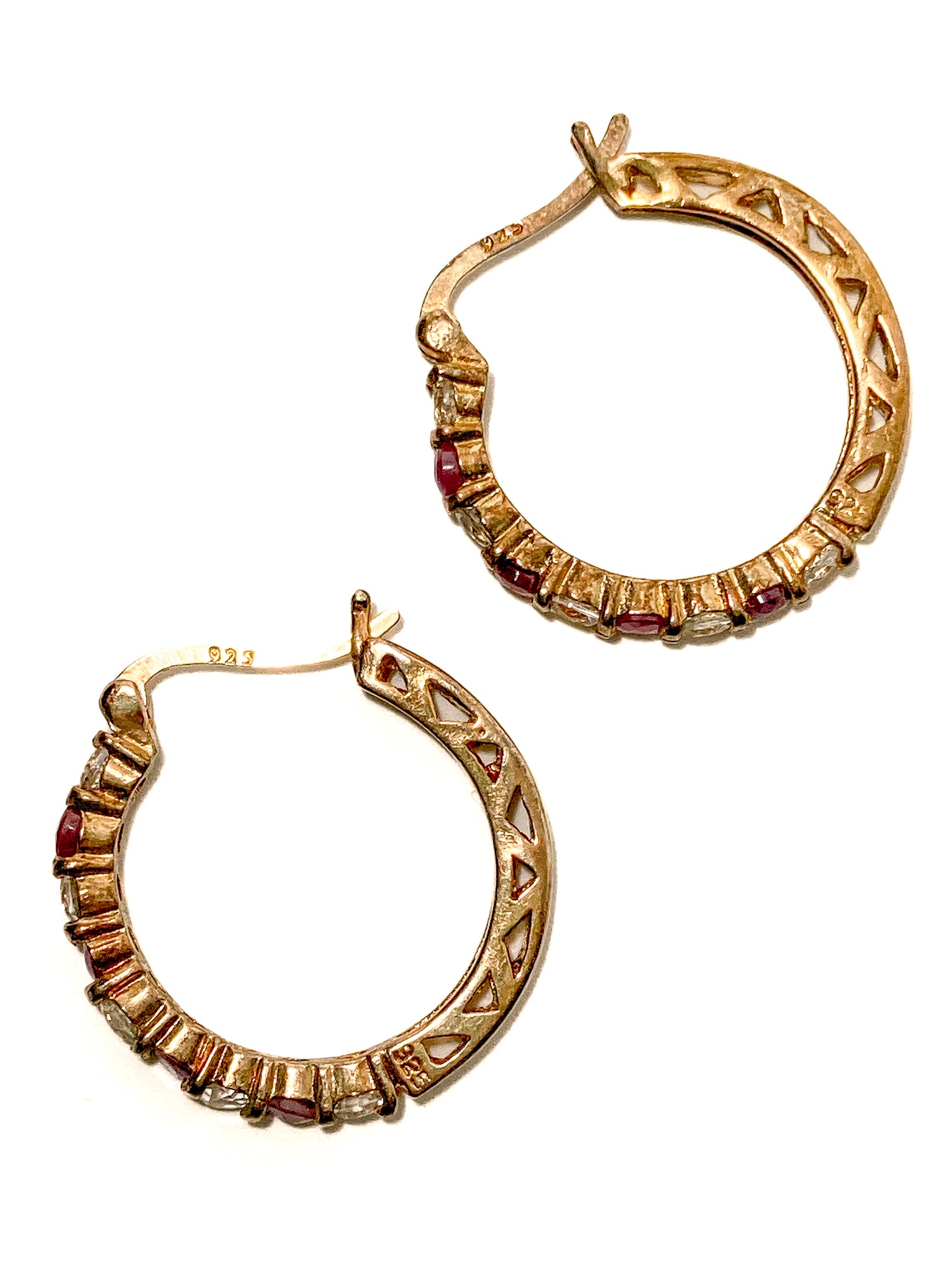 Vintage Ruby Clear Topaz Gold Filled Sterling Silver Latch Hoop Earrings