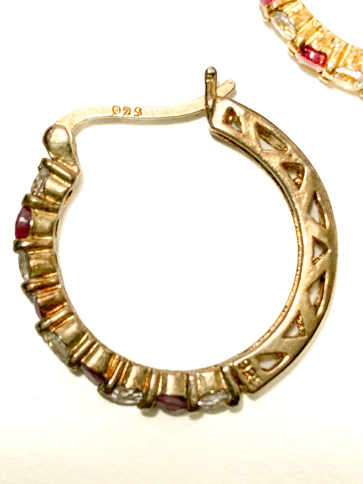 Vintage Ruby Clear Topaz Gold Filled Sterling Silver Latch Hoop Earrings