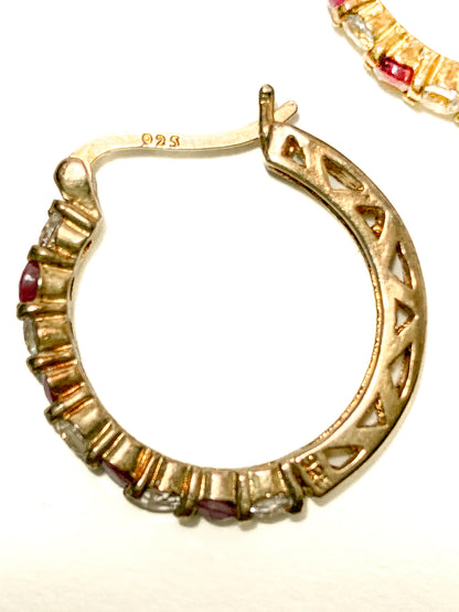 Vintage Ruby Clear Topaz Gold Filled Sterling Silver Latch Hoop Earrings