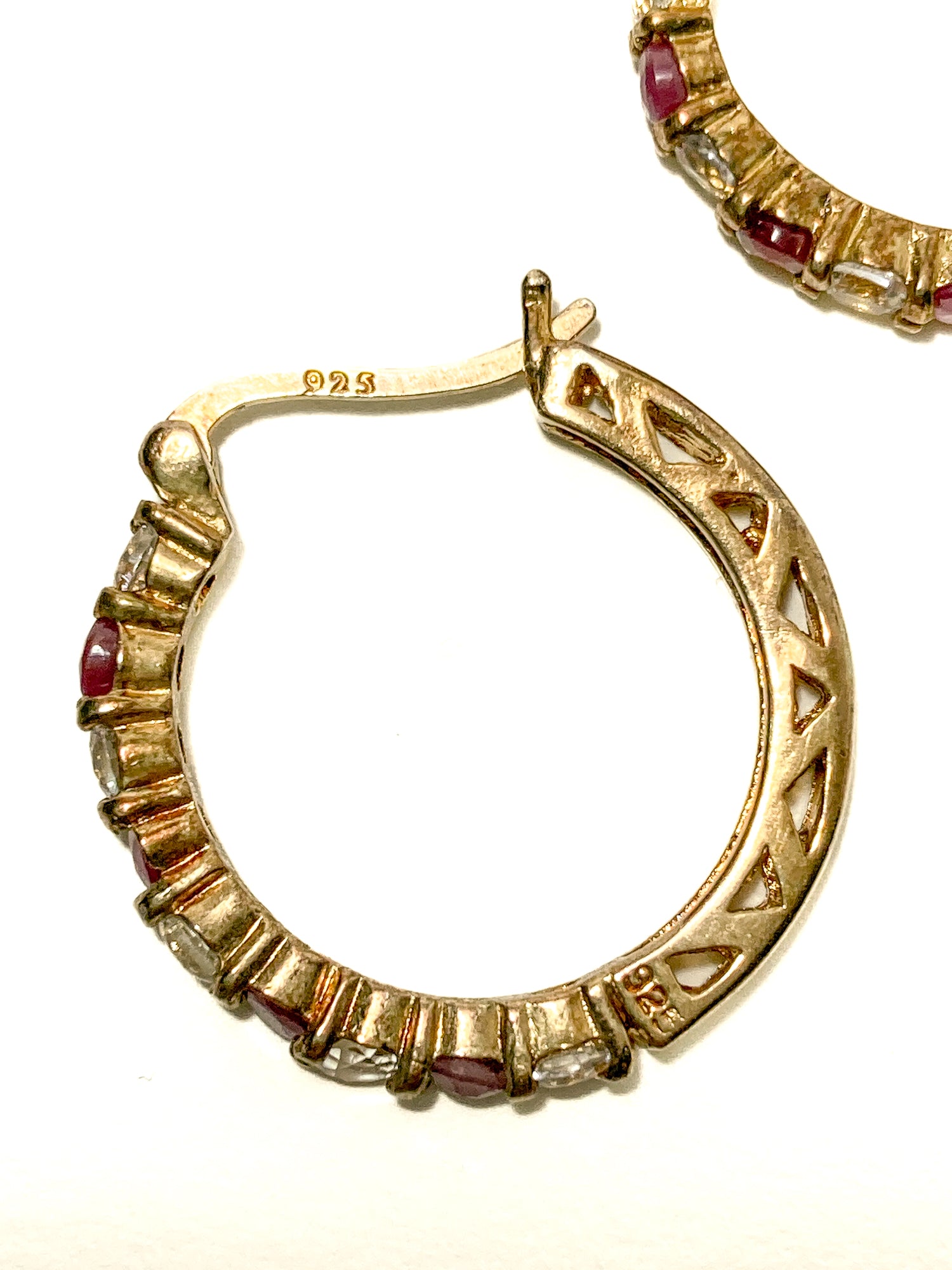 Vintage Ruby Clear Topaz Gold Filled Sterling Silver Latch Hoop Earrings