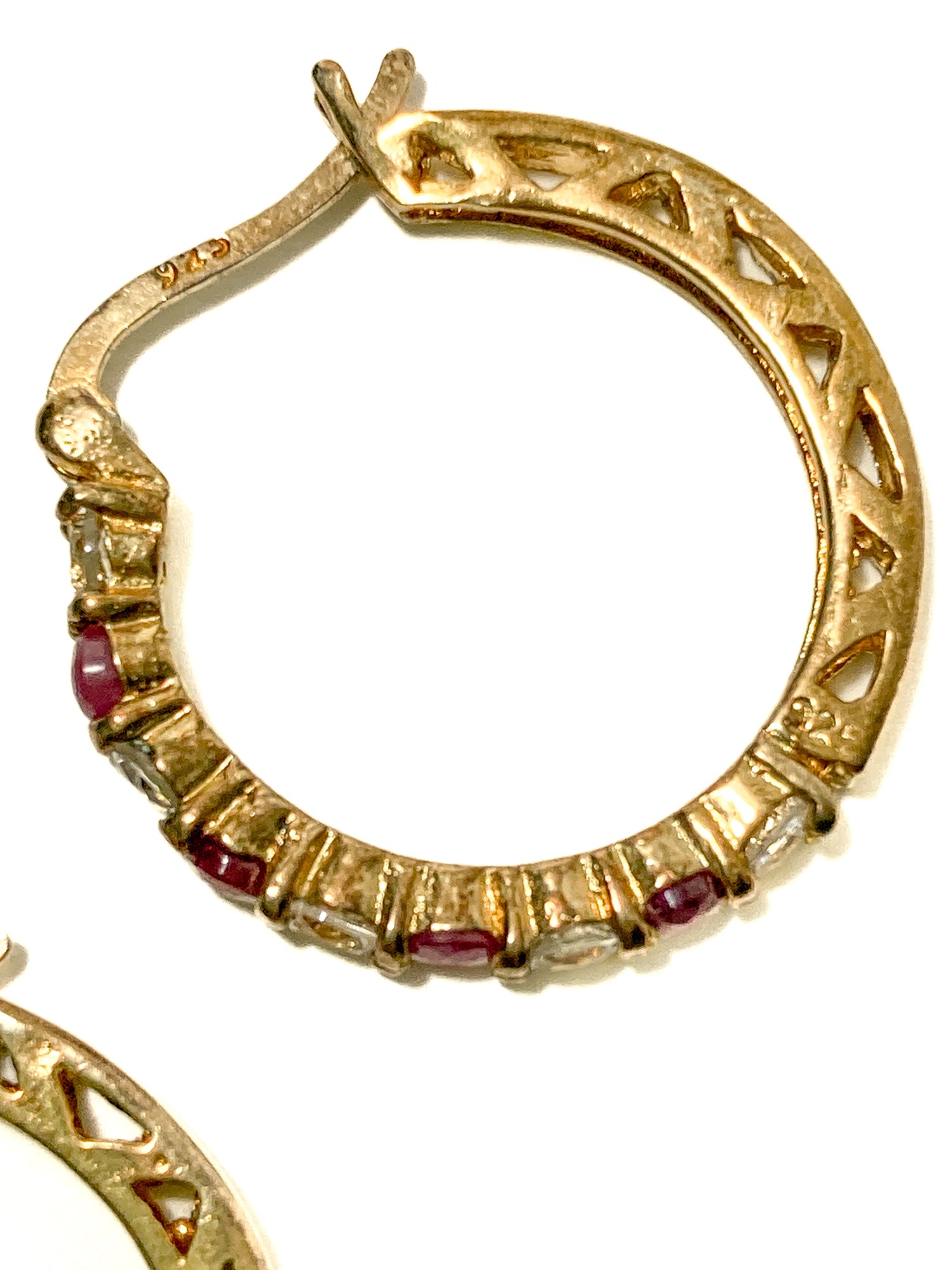 Vintage Ruby Clear Topaz Gold Filled Sterling Silver Latch Hoop Earrings