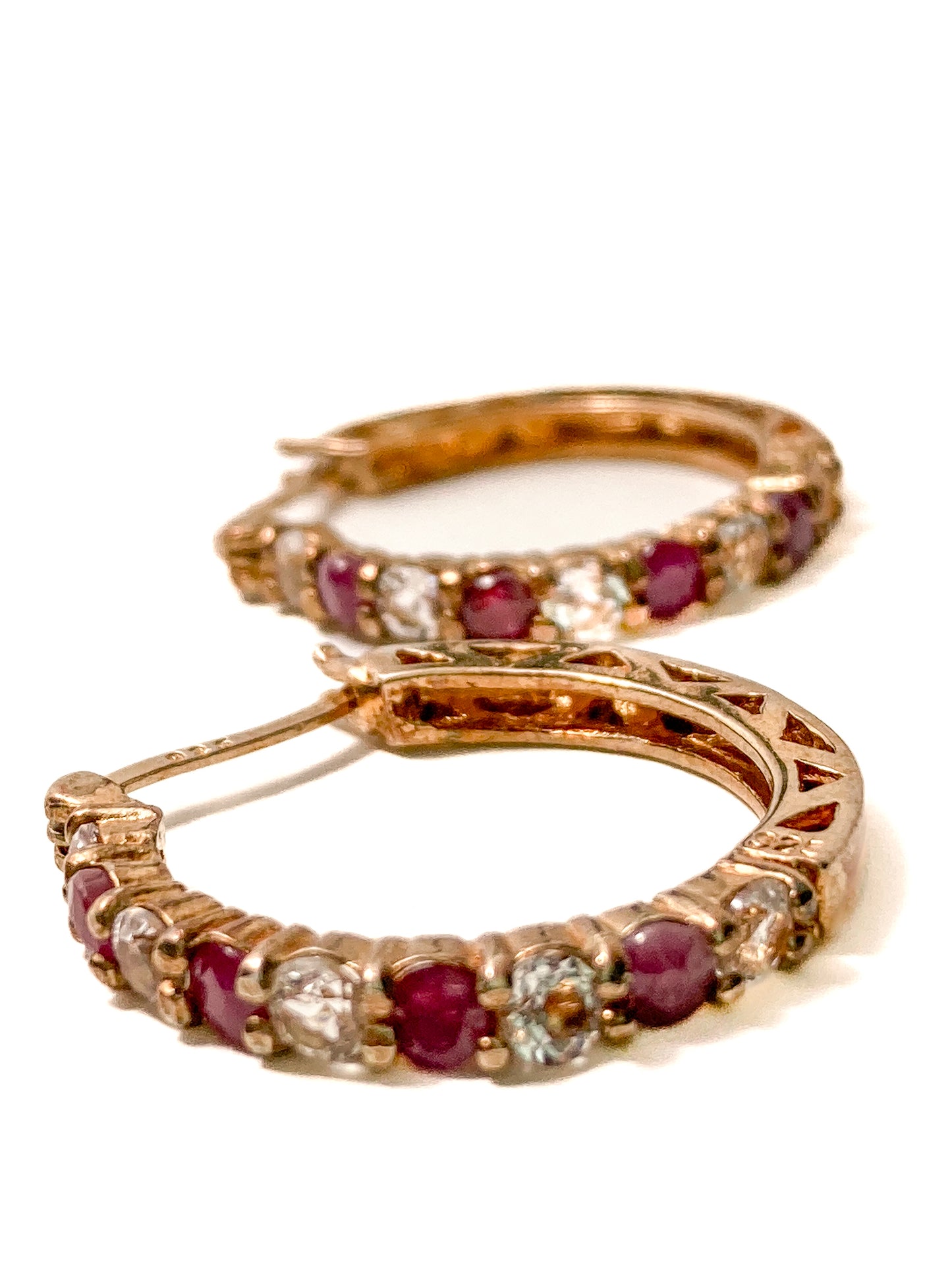 Vintage Ruby Clear Topaz Gold Filled Sterling Silver Latch Hoop Earrings