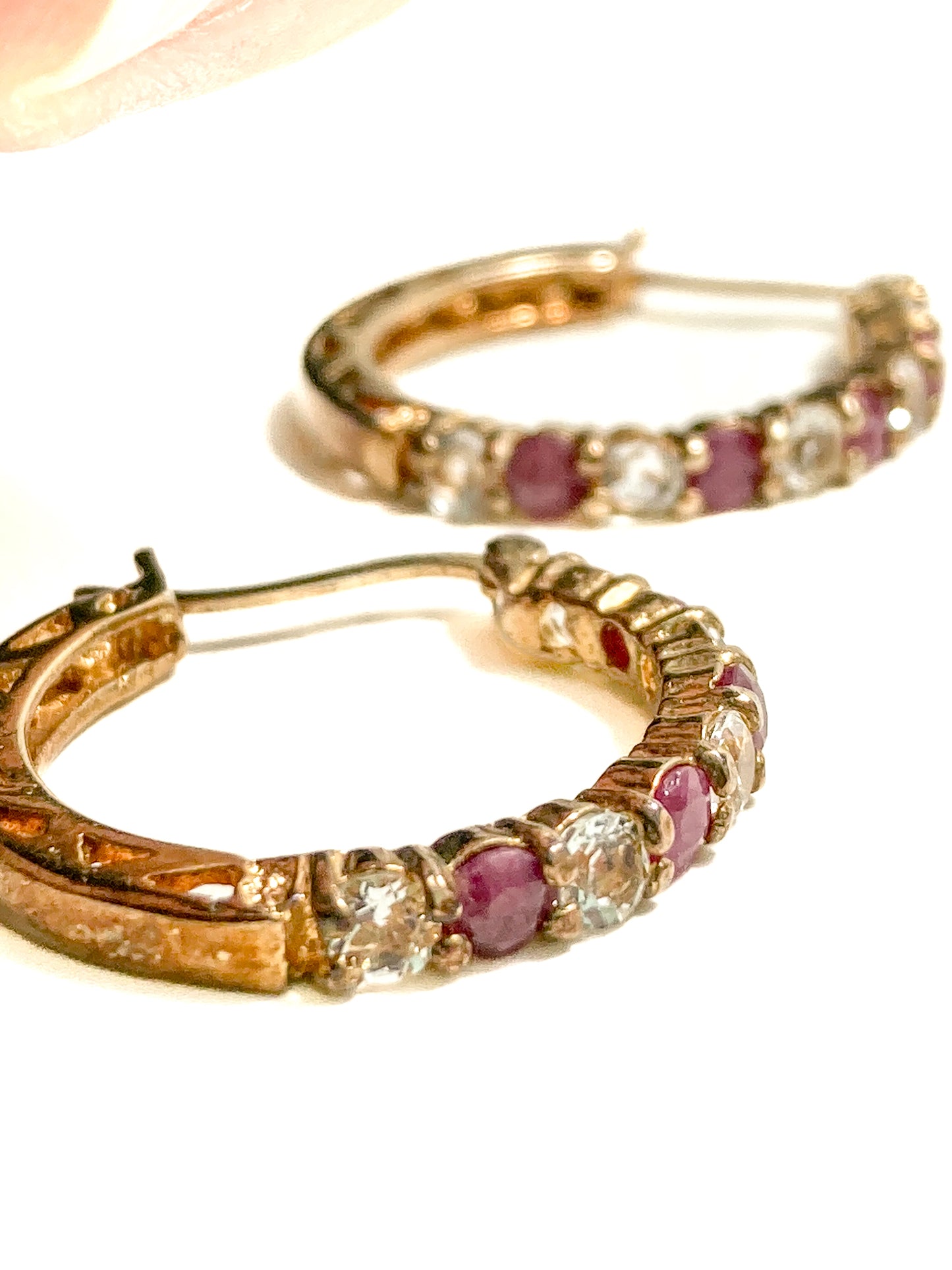 Vintage Ruby Clear Topaz Gold Filled Sterling Silver Latch Hoop Earrings