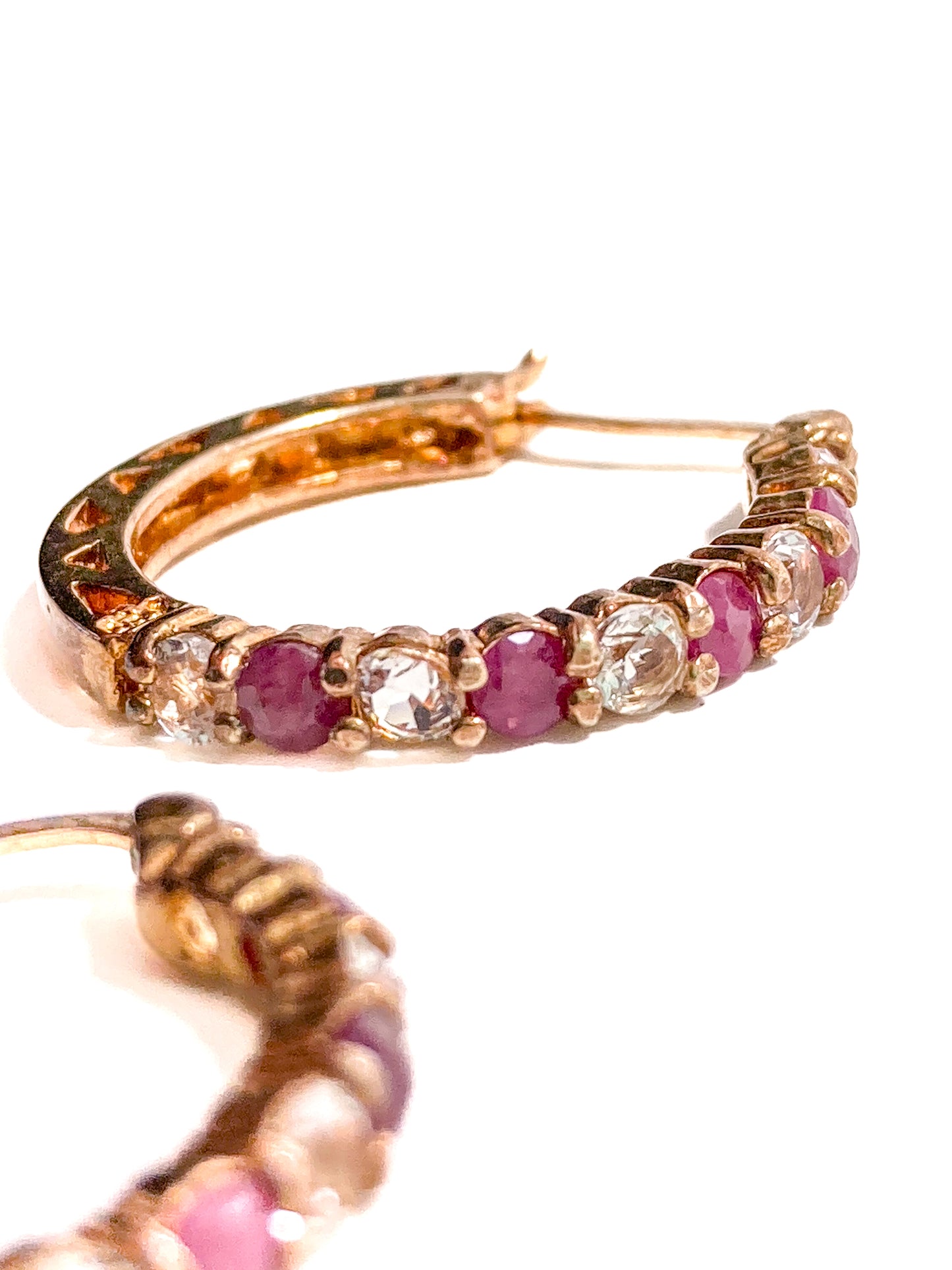 Vintage Ruby Clear Topaz Gold Filled Sterling Silver Latch Hoop Earrings