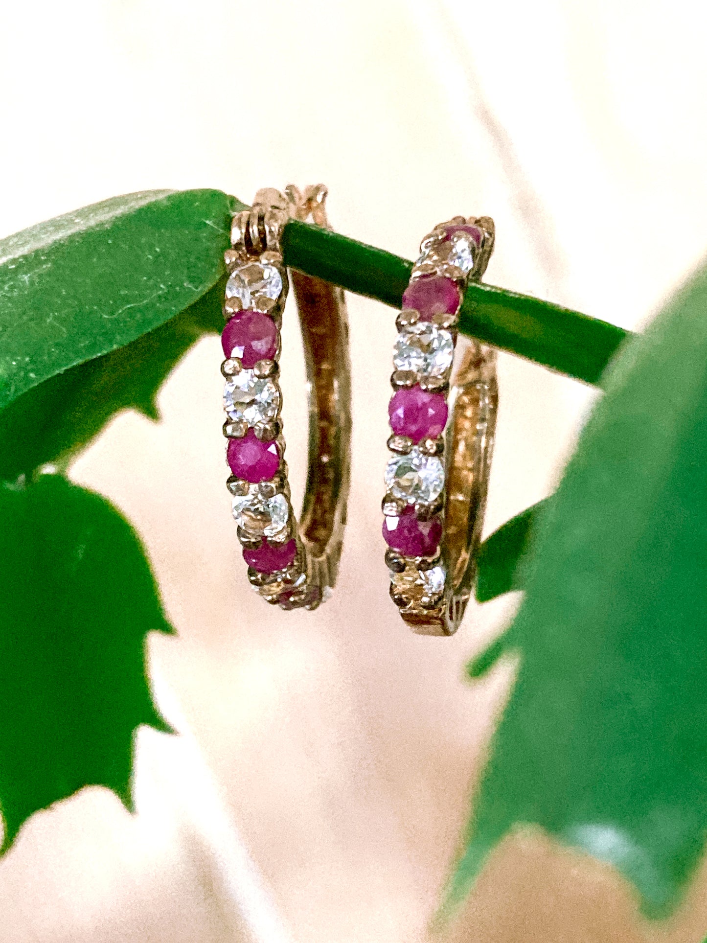 Vintage Ruby Clear Topaz Gold Filled Sterling Silver Latch Hoop Earrings