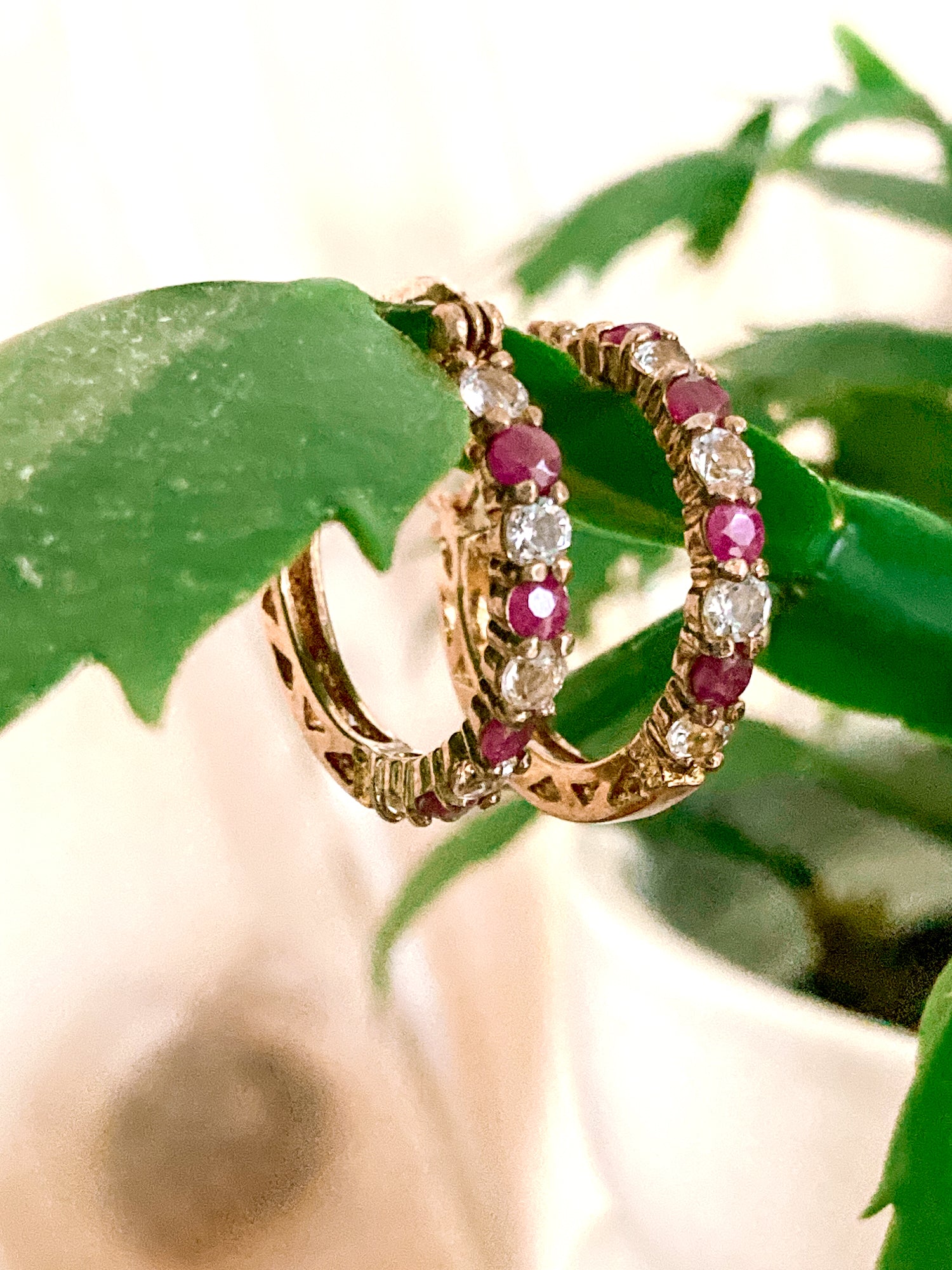 Vintage Ruby Clear Topaz Gold Filled Sterling Silver Latch Hoop Earrings