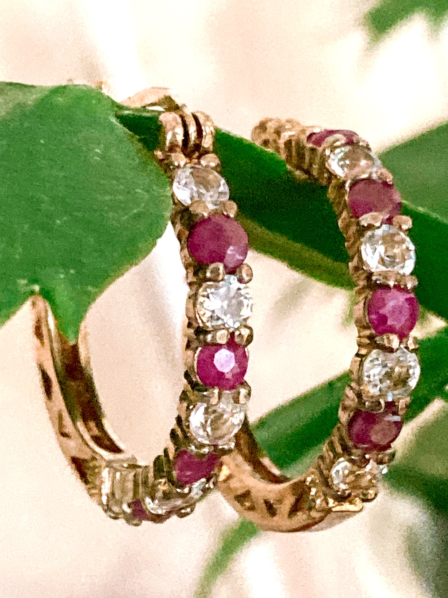 Vintage Ruby Clear Topaz Gold Filled Sterling Silver Latch Hoop Earrings
