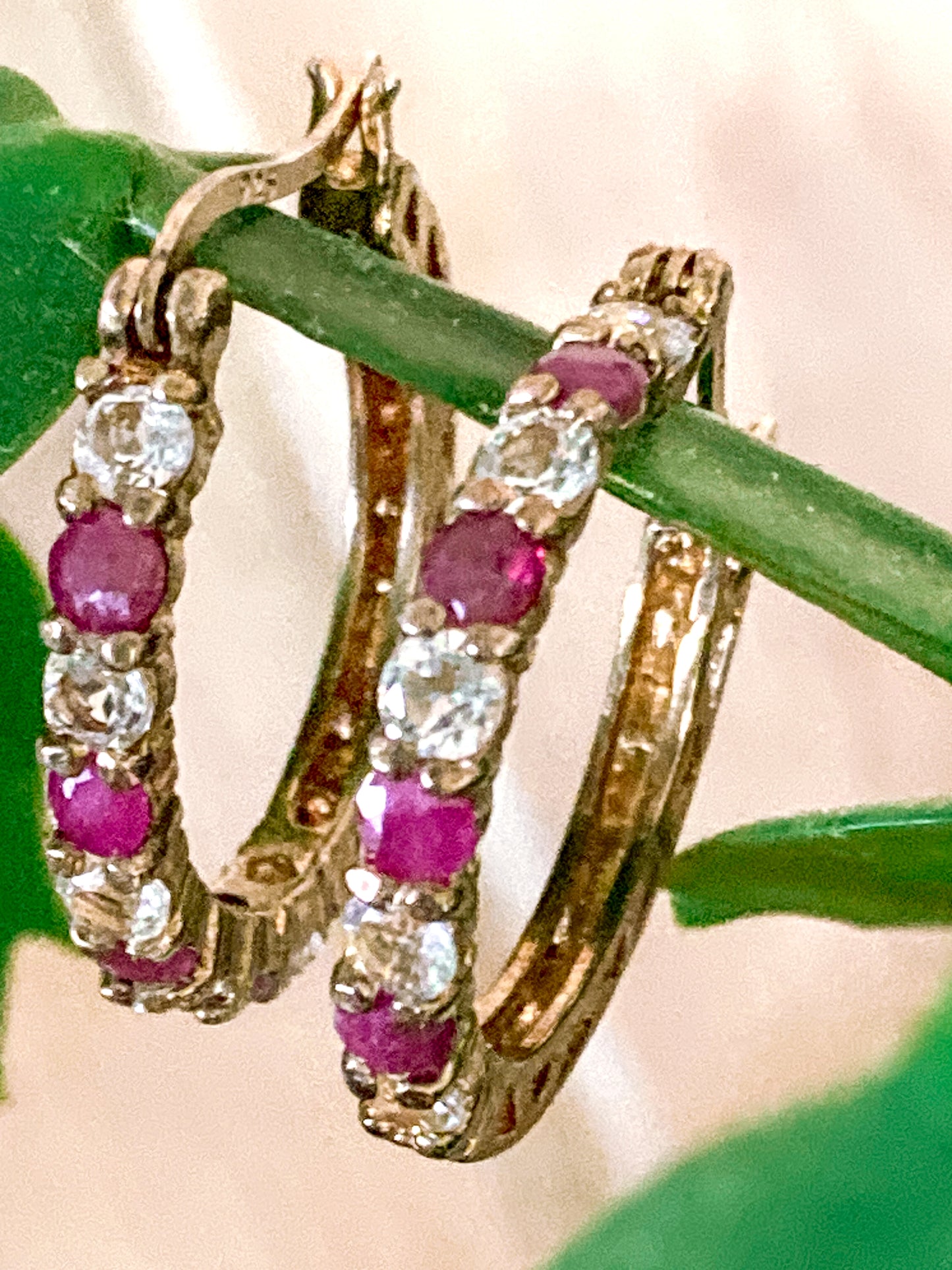 Vintage Ruby Clear Topaz Gold Filled Sterling Silver Latch Hoop Earrings