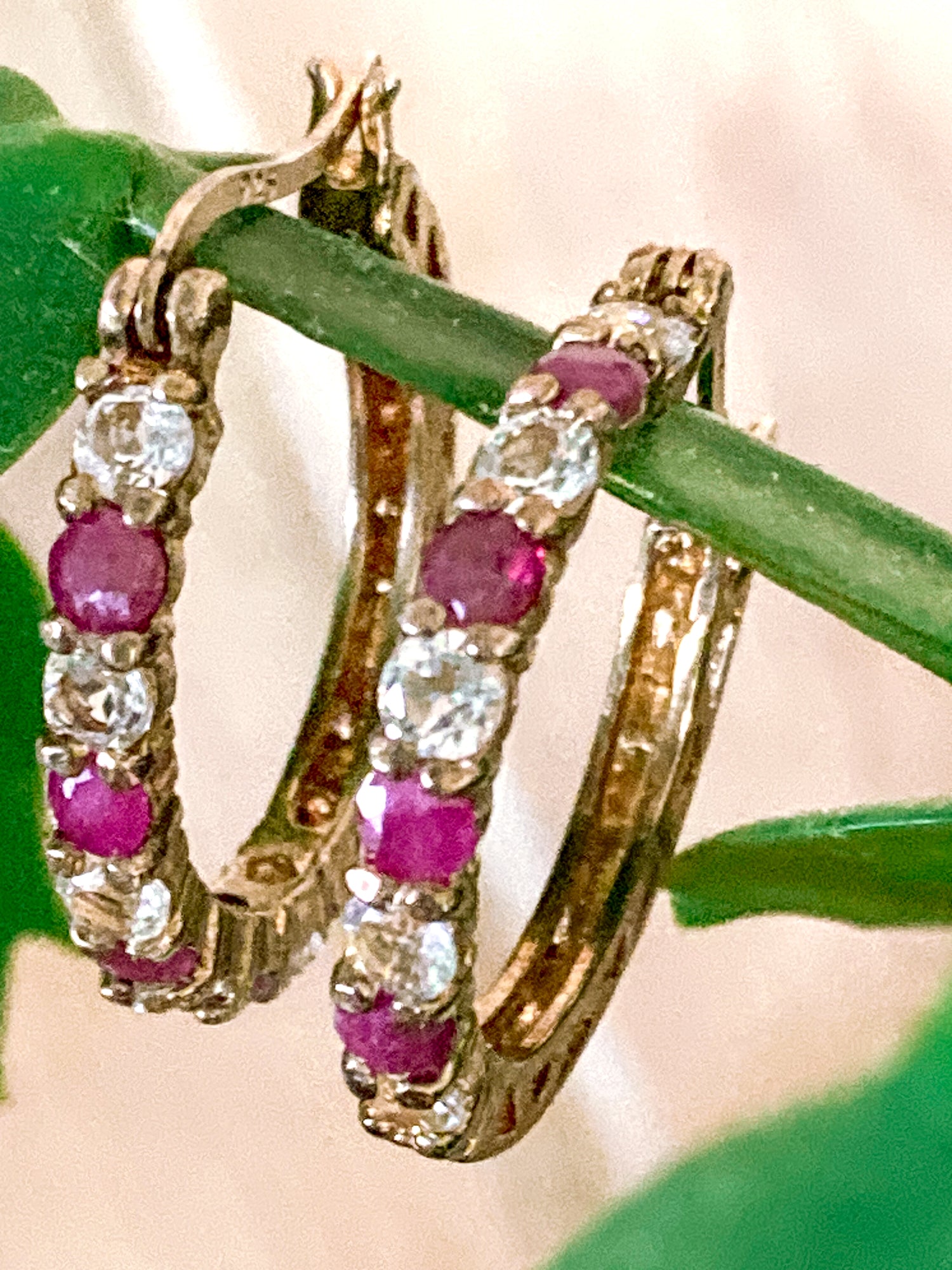 Vintage Ruby Clear Topaz Gold Filled Sterling Silver Latch Hoop Earrings