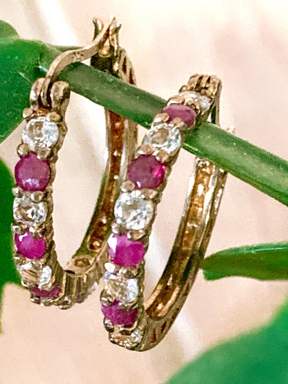 Vintage Ruby Clear Topaz Gold Filled Sterling Silver Latch Hoop Earrings