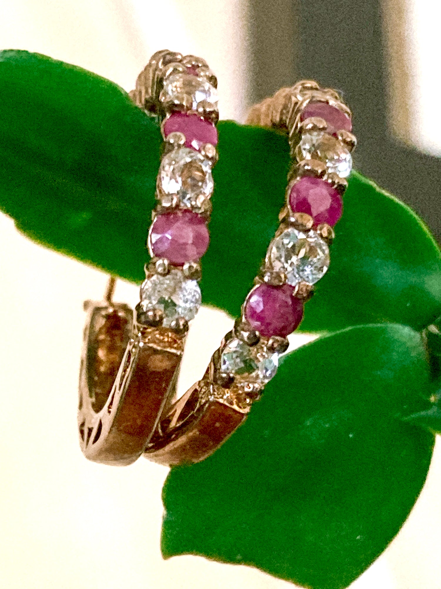 Vintage Ruby Clear Topaz Gold Filled Sterling Silver Latch Hoop Earrings
