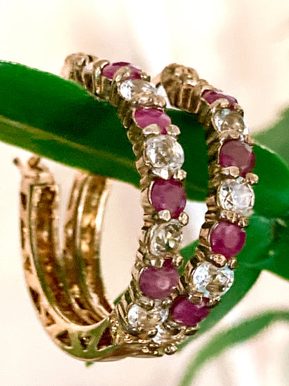 Vintage Ruby Clear Topaz Gold Filled Sterling Silver Latch Hoop Earrings