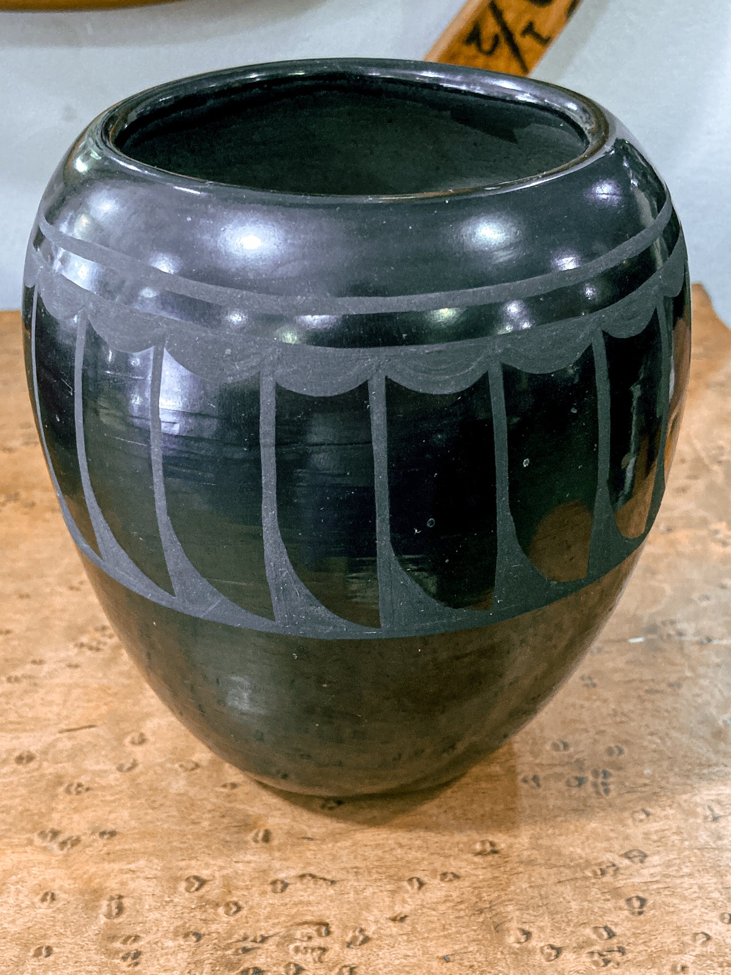 Vintage Santa Clara Pueblo Feather Design Blackware Pottery Vase