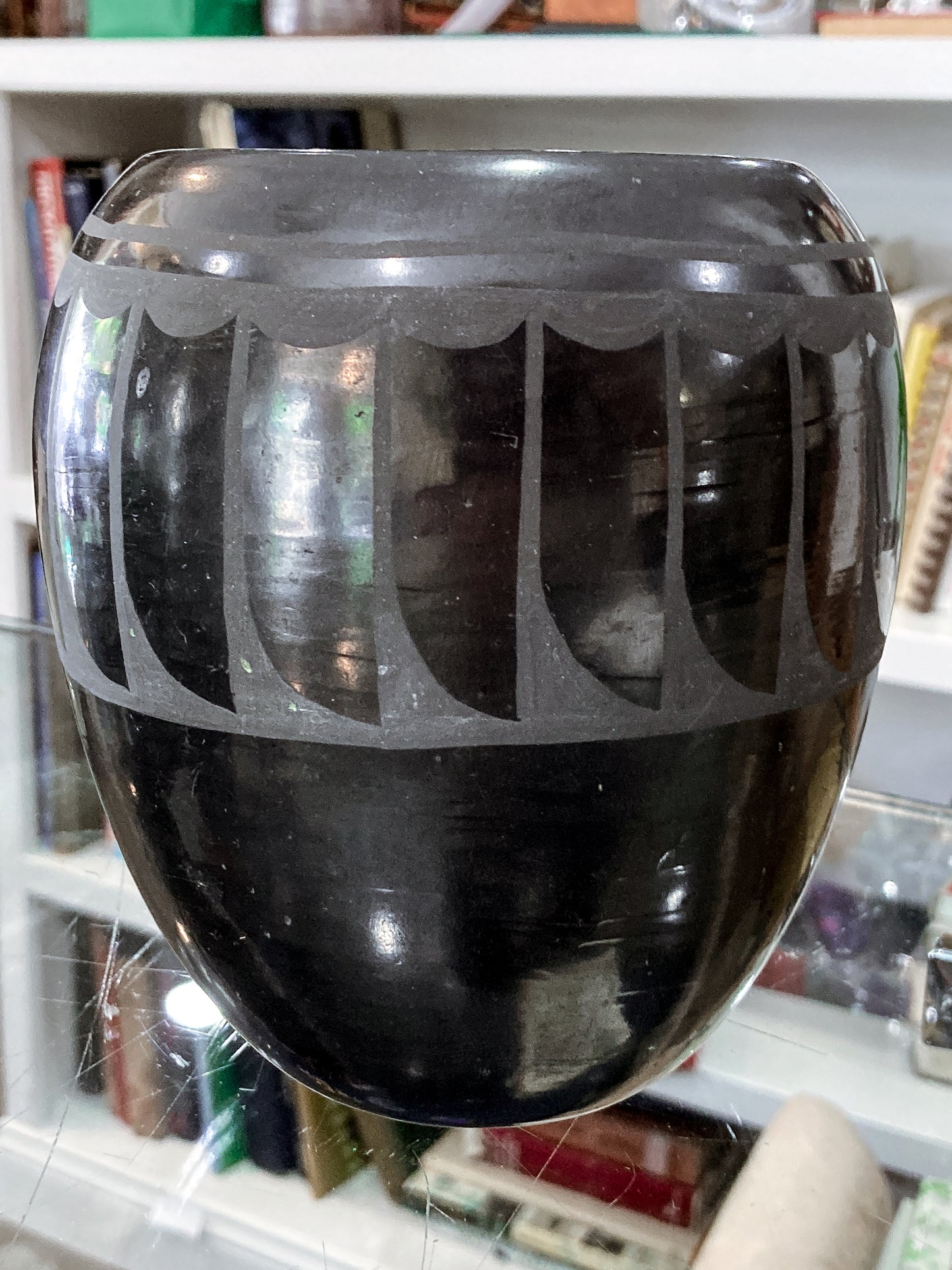 Vintage Santa Clara Pueblo Feather Design Blackware Pottery Vase