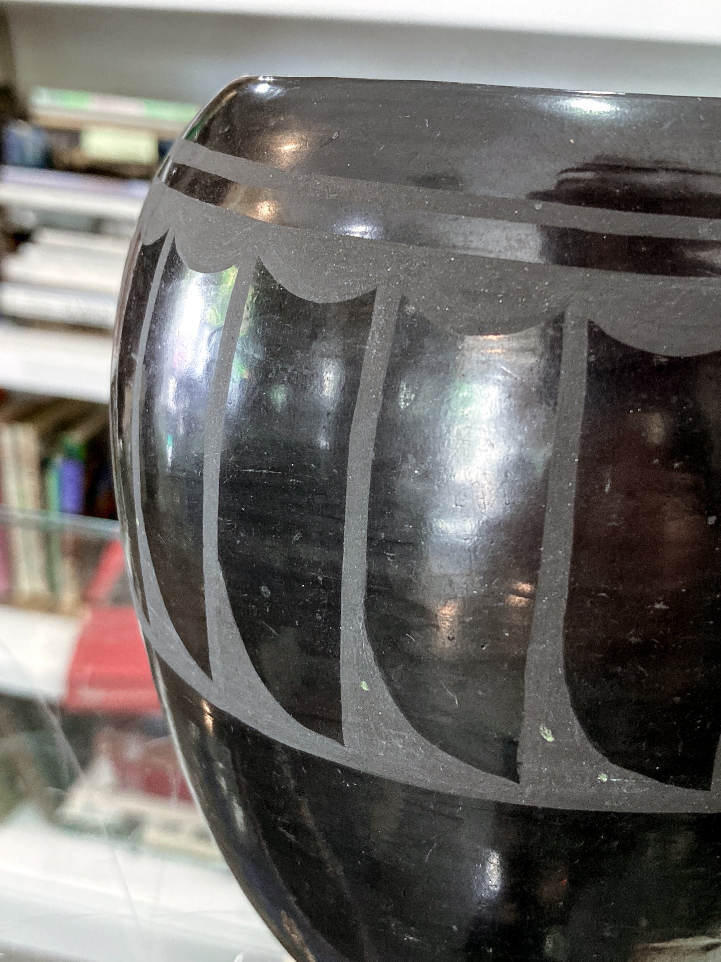 Vintage Santa Clara Pueblo Feather Design Blackware Pottery Vase