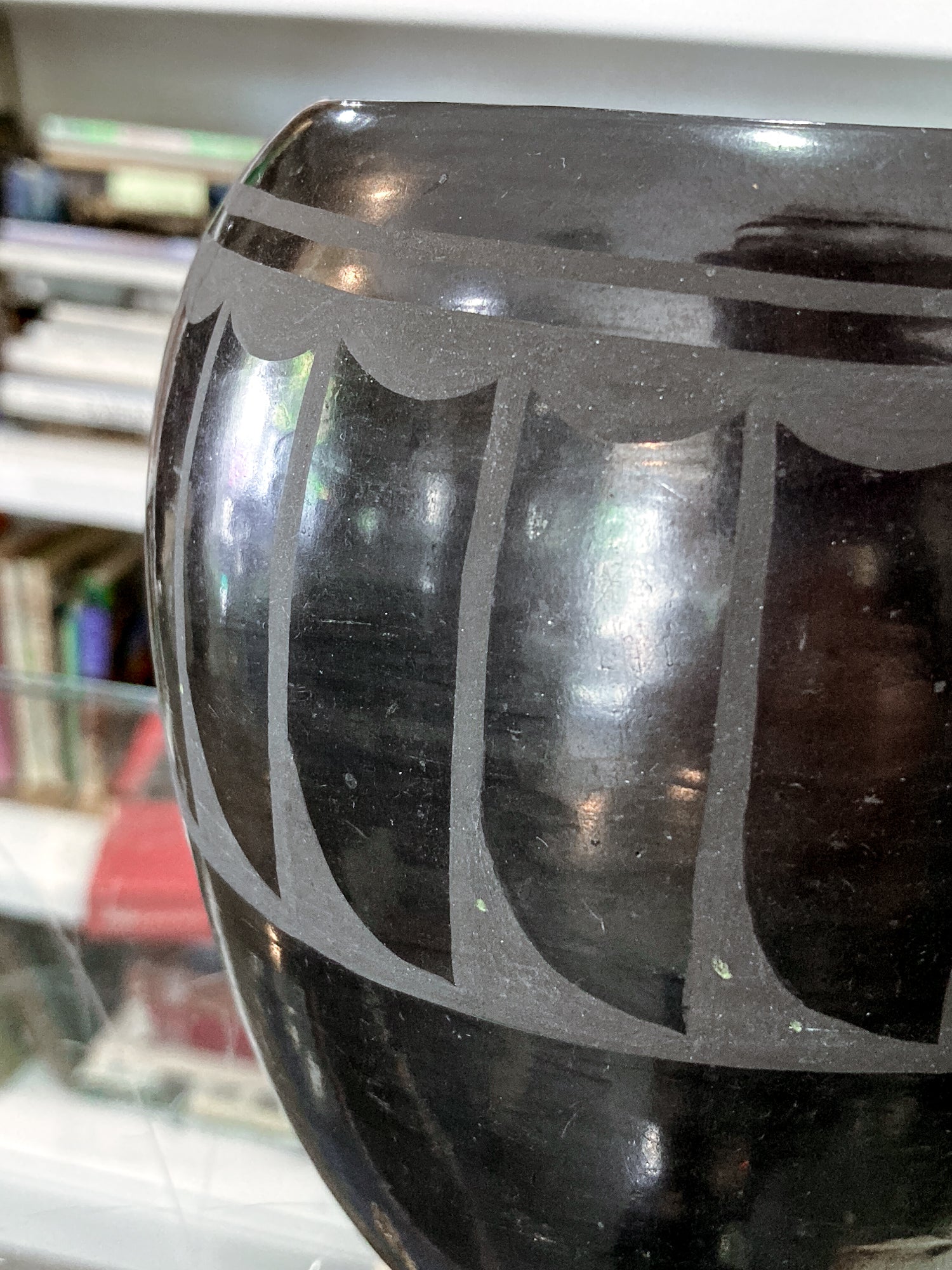 Vintage Santa Clara Pueblo Feather Design Blackware Pottery Vase