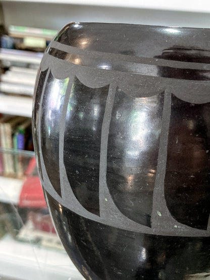 Vintage Santa Clara Pueblo Feather Design Blackware Pottery Vase
