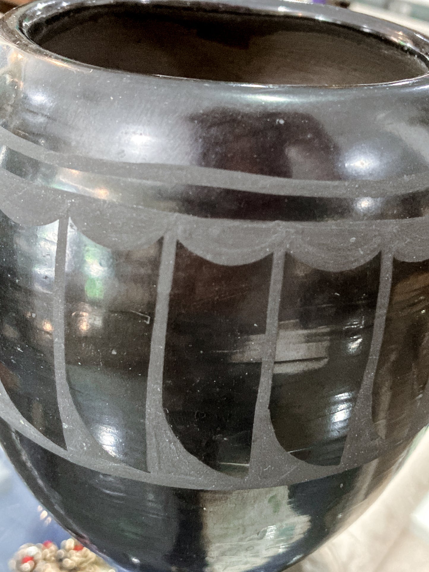 Vintage Santa Clara Pueblo Feather Design Blackware Pottery Vase