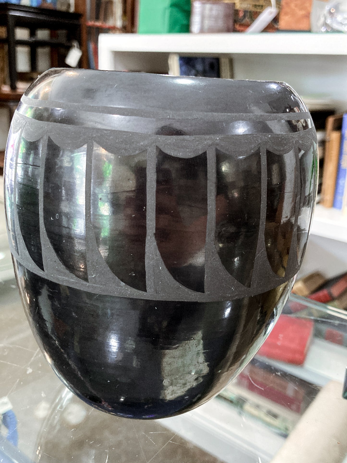 Vintage Santa Clara Pueblo Feather Design Blackware Pottery Vase