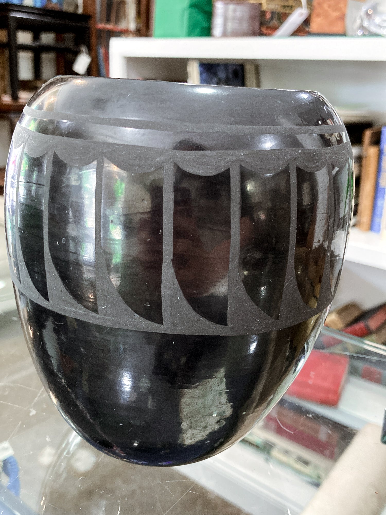Vintage Santa Clara Pueblo Feather Design Blackware Pottery Vase