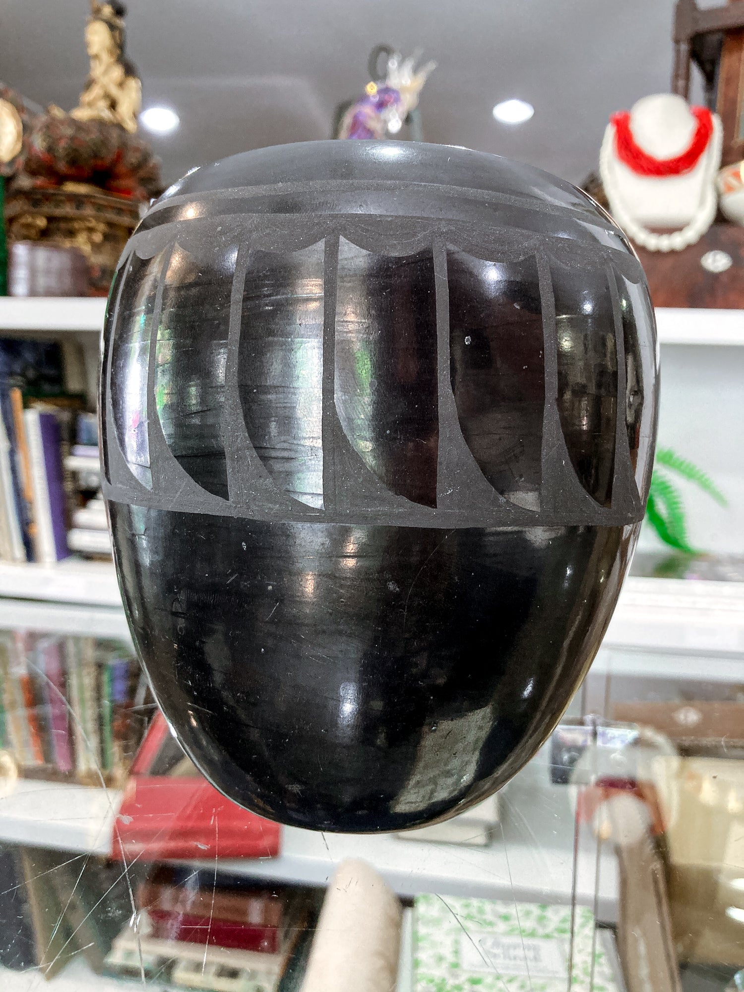 Vintage Santa Clara Pueblo Feather Design Blackware Pottery Vase