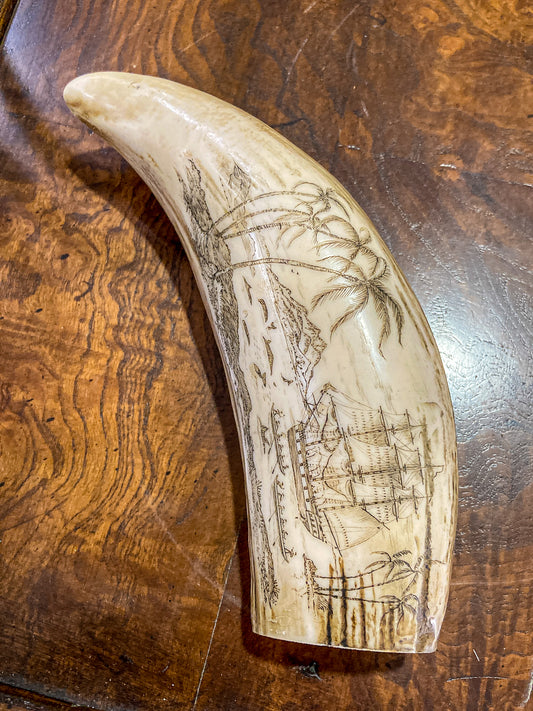 Vintage Scrimshaw Nautical Theme Resin Reproduction Faux Whale Tooth