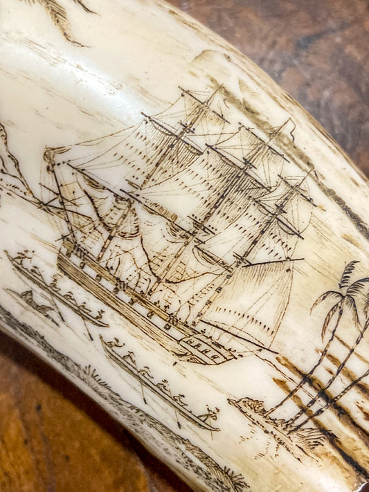 Vintage Scrimshaw Nautical Theme Resin Reproduction Faux Whale Tooth