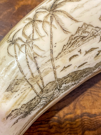 Vintage Scrimshaw Nautical Theme Resin Reproduction Faux Whale Tooth