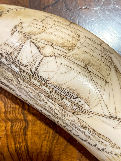 Vintage Scrimshaw Nautical Theme Resin Reproduction Faux Whale Tooth
