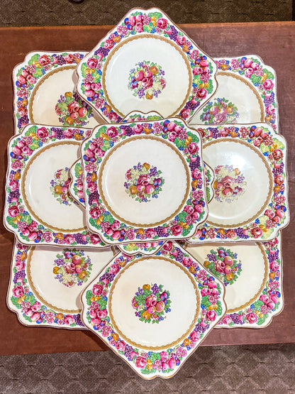 Set of Ten Vintage Crown Ducal Fruit and Flower Motif Square Florentine Dessert Salad Plates