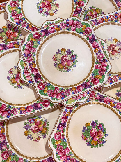 Set of Ten Vintage Crown Ducal Fruit and Flower Motif Square Florentine Dessert Salad Plates