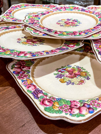 Set of Ten Vintage Crown Ducal Fruit and Flower Motif Square Florentine Dessert Salad Plates
