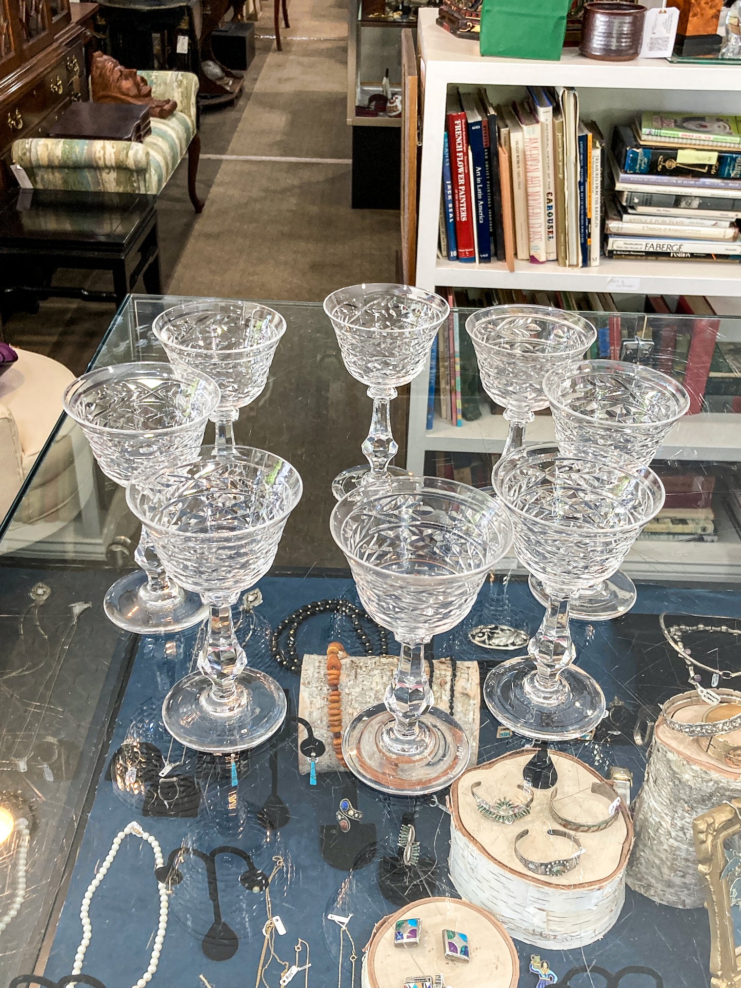Set of Eight Vintage Engraved Clear Glass Stemmed Cocktail Glasses