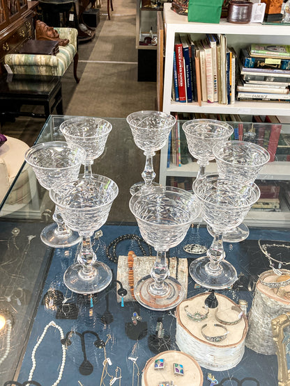 Set of Eight Vintage Engraved Clear Glass Stemmed Cocktail Glasses
