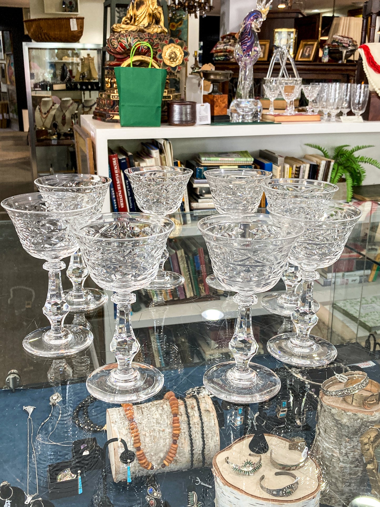 Set of Eight Vintage Engraved Clear Glass Stemmed Cocktail Glasses
