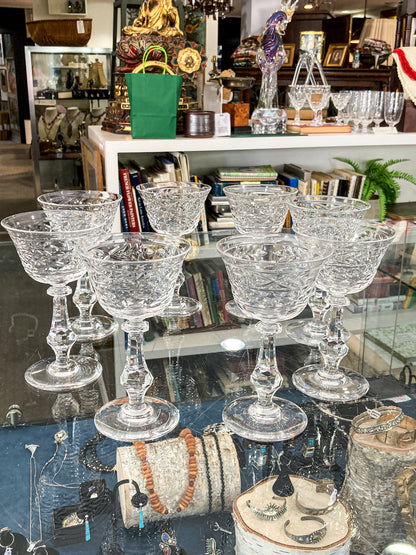 Set of Eight Vintage Engraved Clear Glass Stemmed Cocktail Glasses