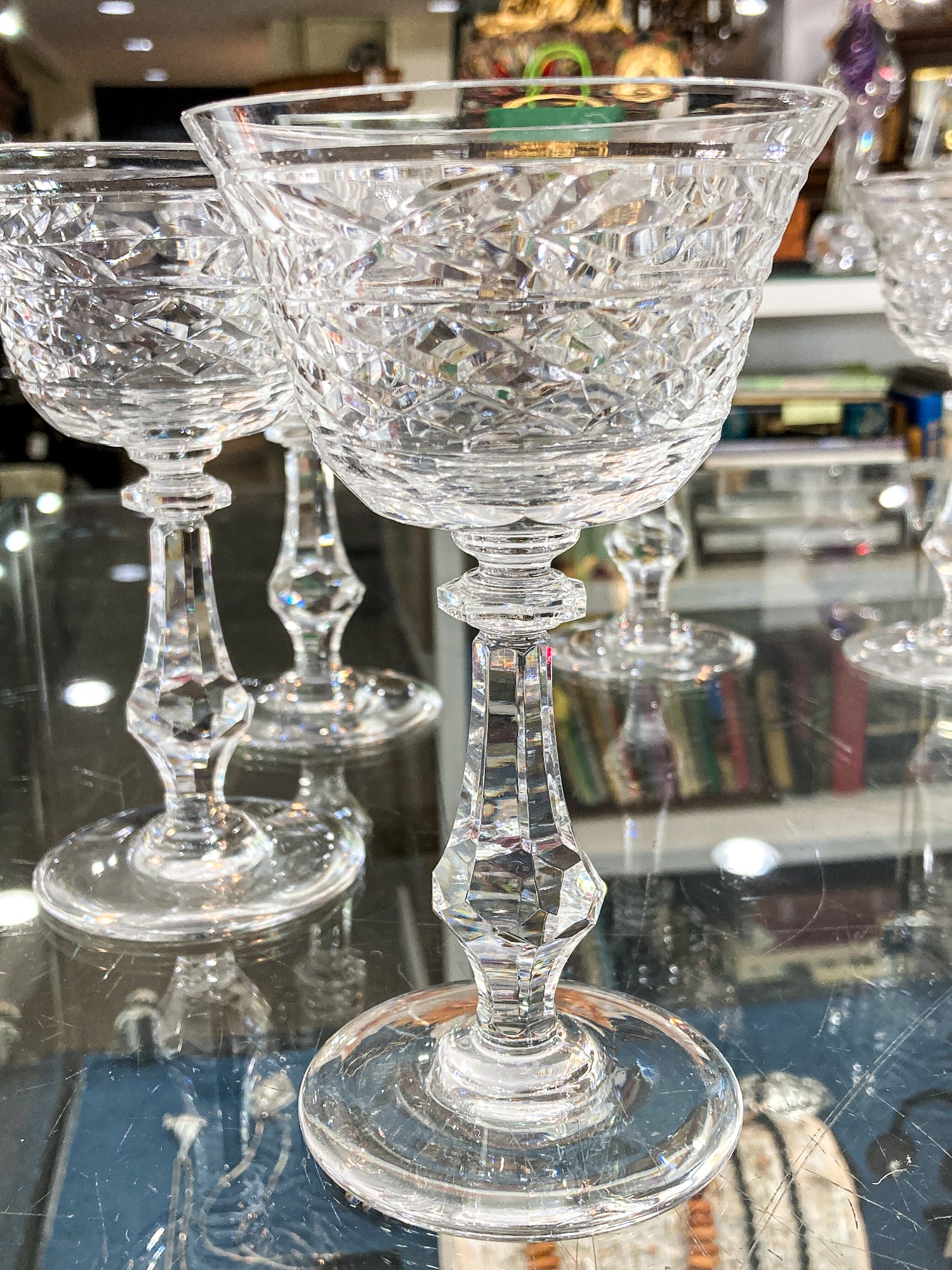 Set of Eight Vintage Engraved Clear Glass Stemmed Cocktail Glasses