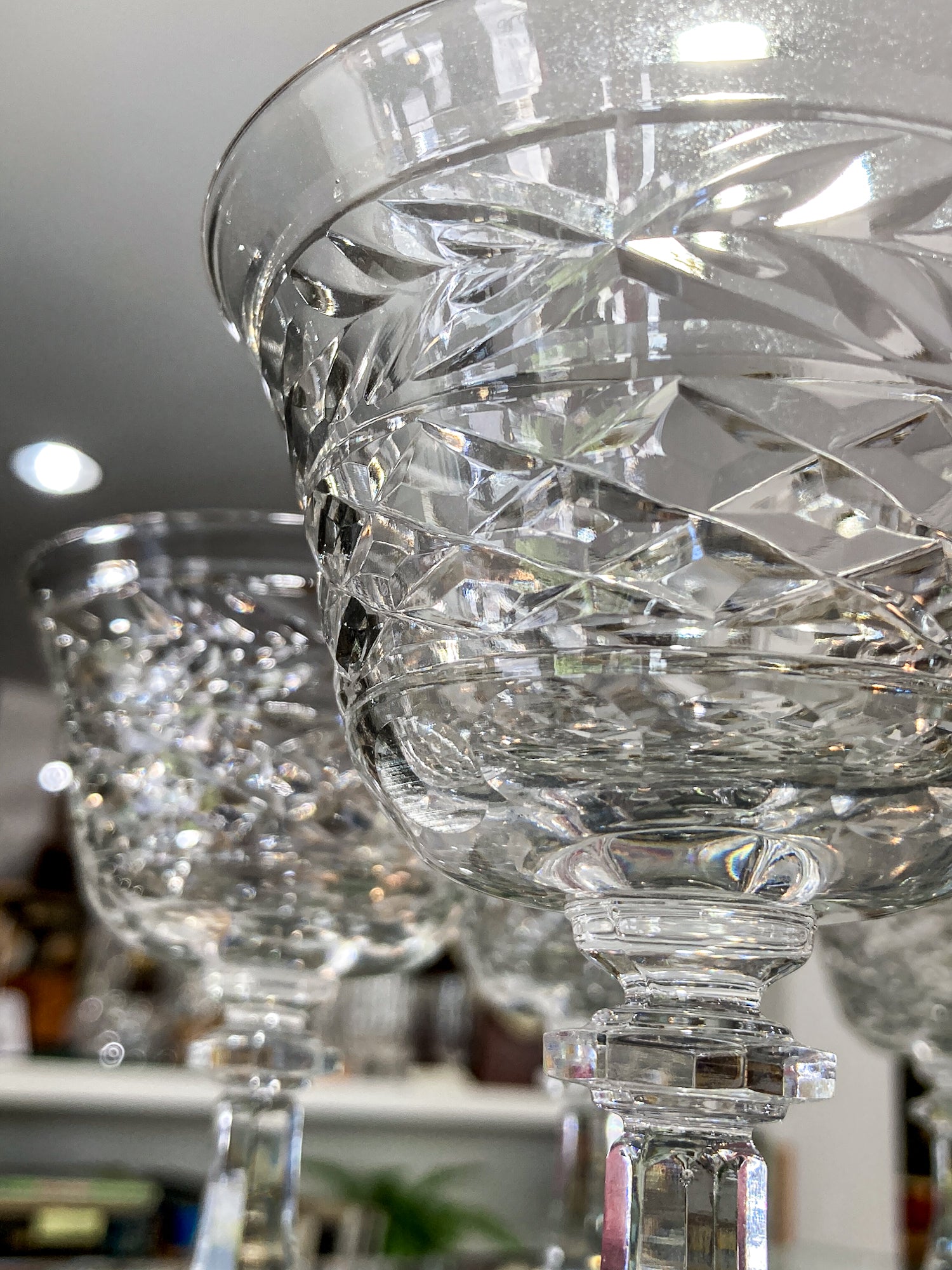 Set of Eight Vintage Engraved Clear Glass Stemmed Cocktail Glasses