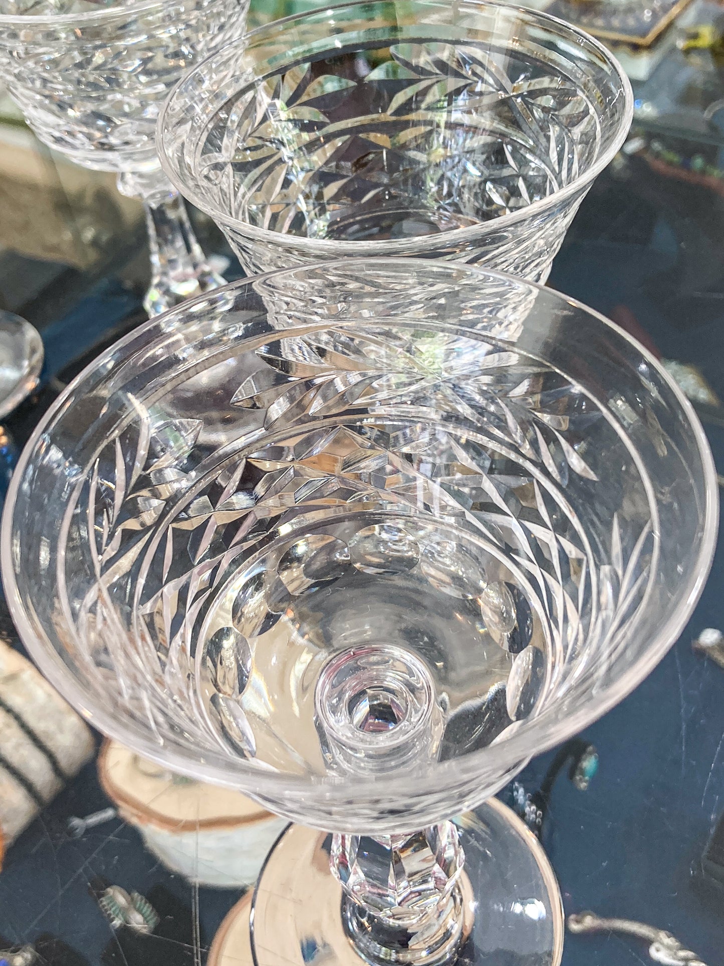 Set of Eight Vintage Engraved Clear Glass Stemmed Cocktail Glasses