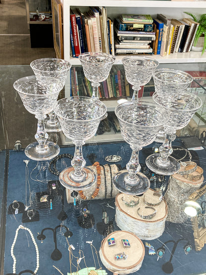 Set of Eight Vintage Engraved Clear Glass Stemmed Cocktail Glasses