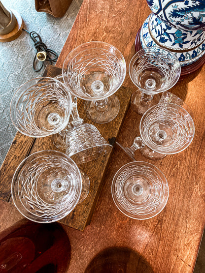 Set of Eight Vintage Engraved Clear Glass Stemmed Cocktail Glasses