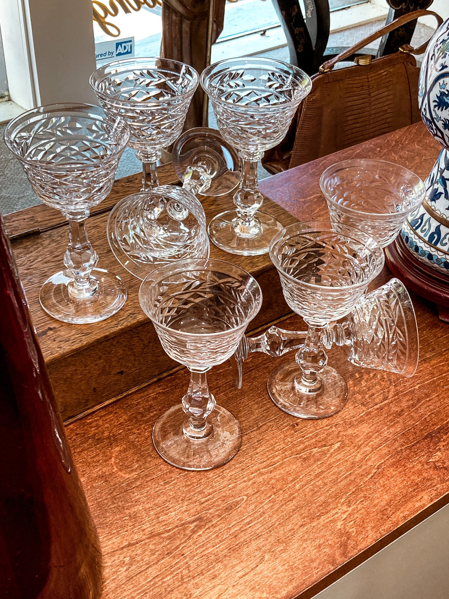Set of Eight Vintage Engraved Clear Glass Stemmed Cocktail Glasses