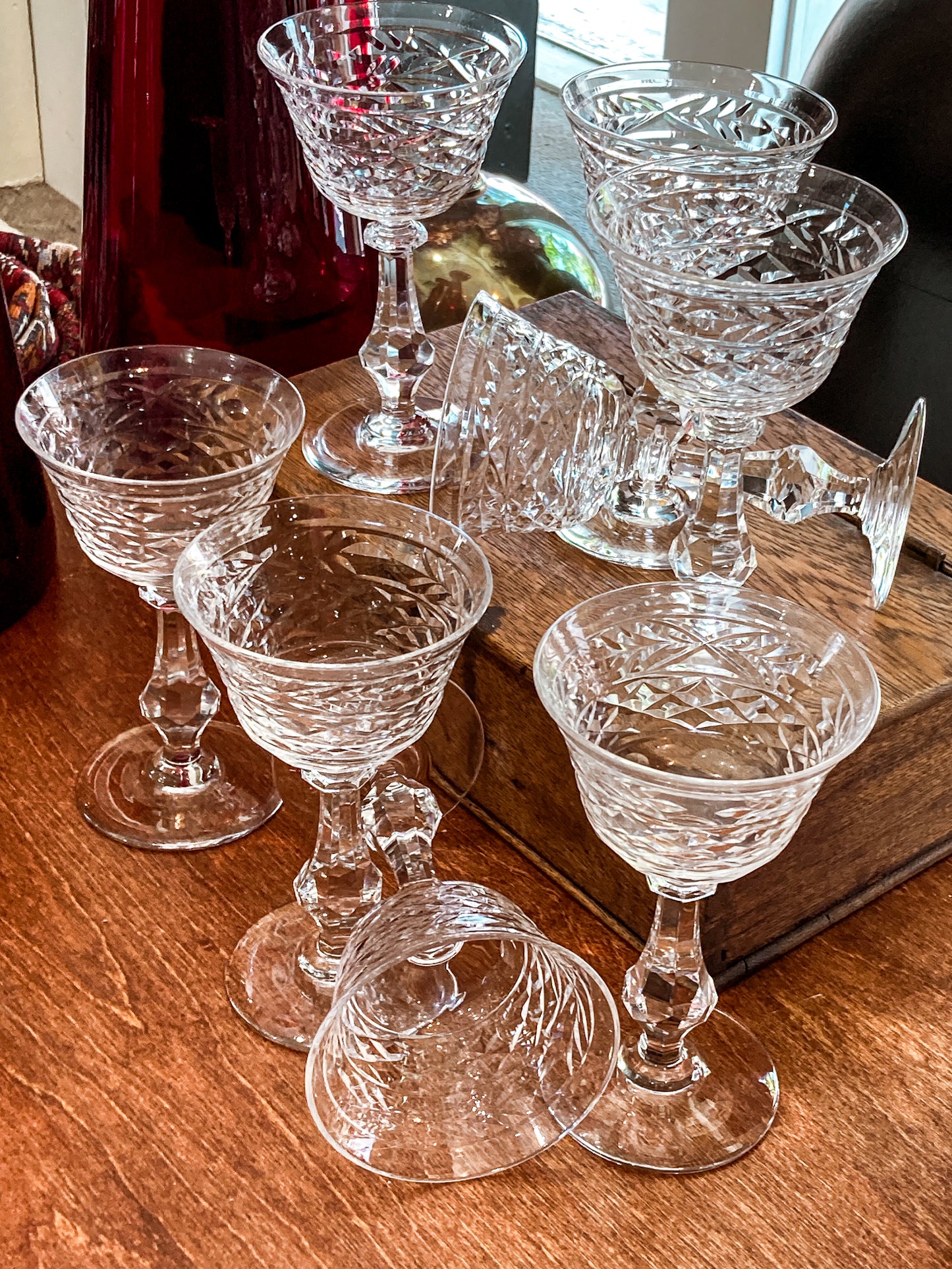 Set of Eight Vintage Engraved Clear Glass Stemmed Cocktail Glasses