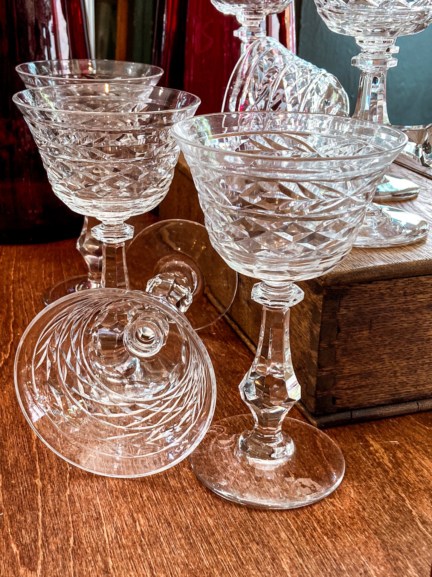 Set of Eight Vintage Engraved Clear Glass Stemmed Cocktail Glasses
