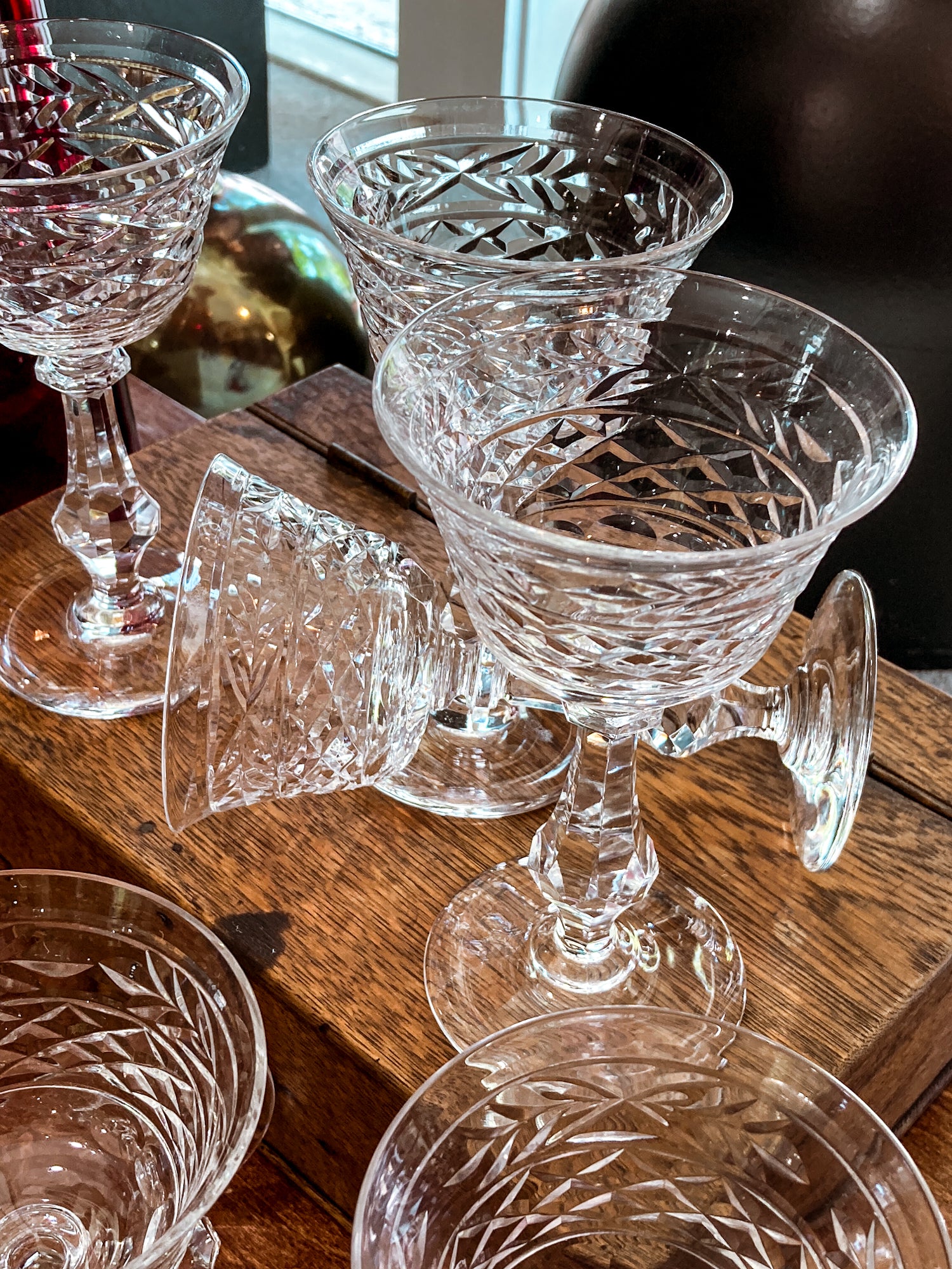 Set of Eight Vintage Engraved Clear Glass Stemmed Cocktail Glasses