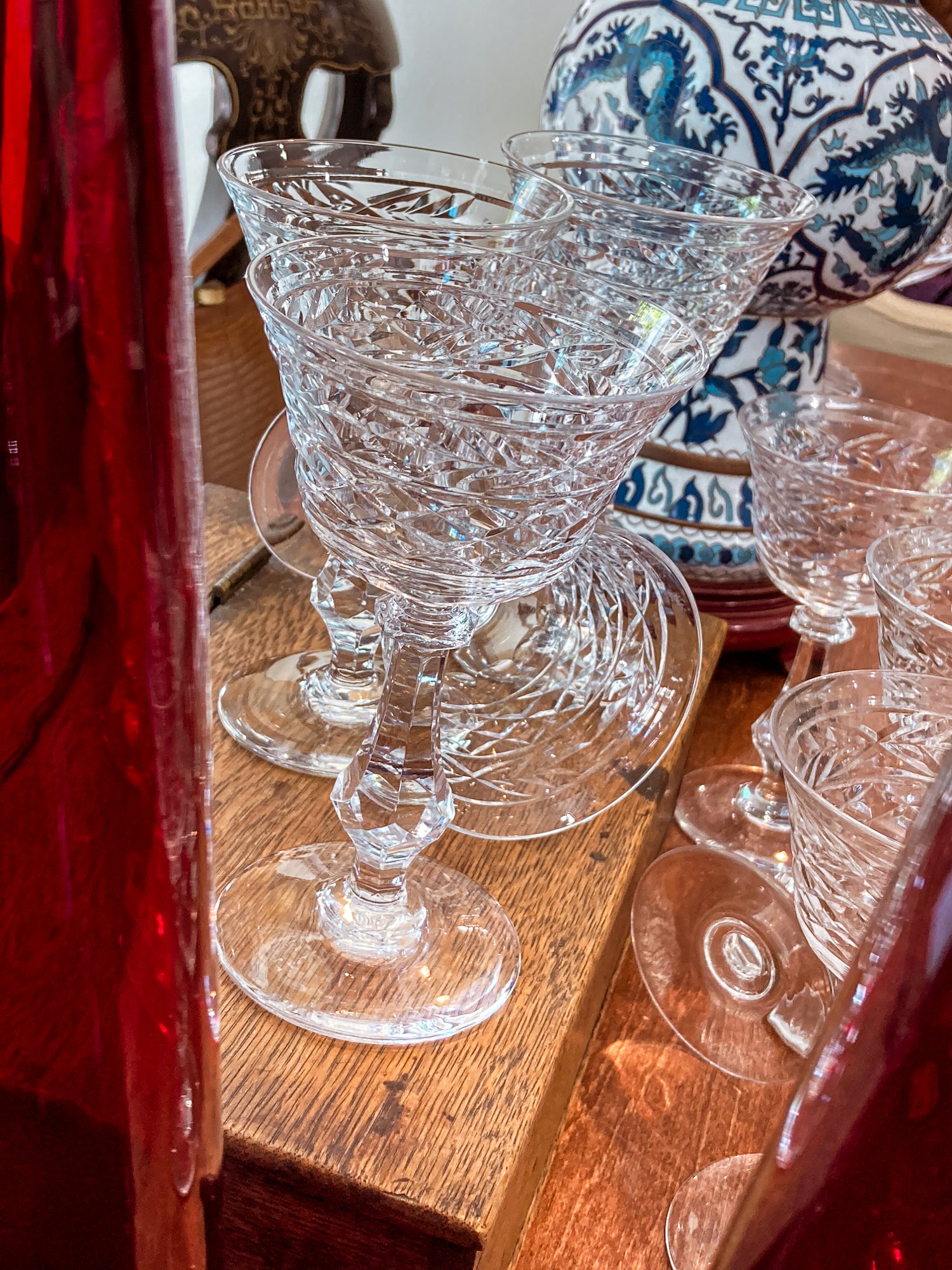 Set of Eight Vintage Engraved Clear Glass Stemmed Cocktail Glasses