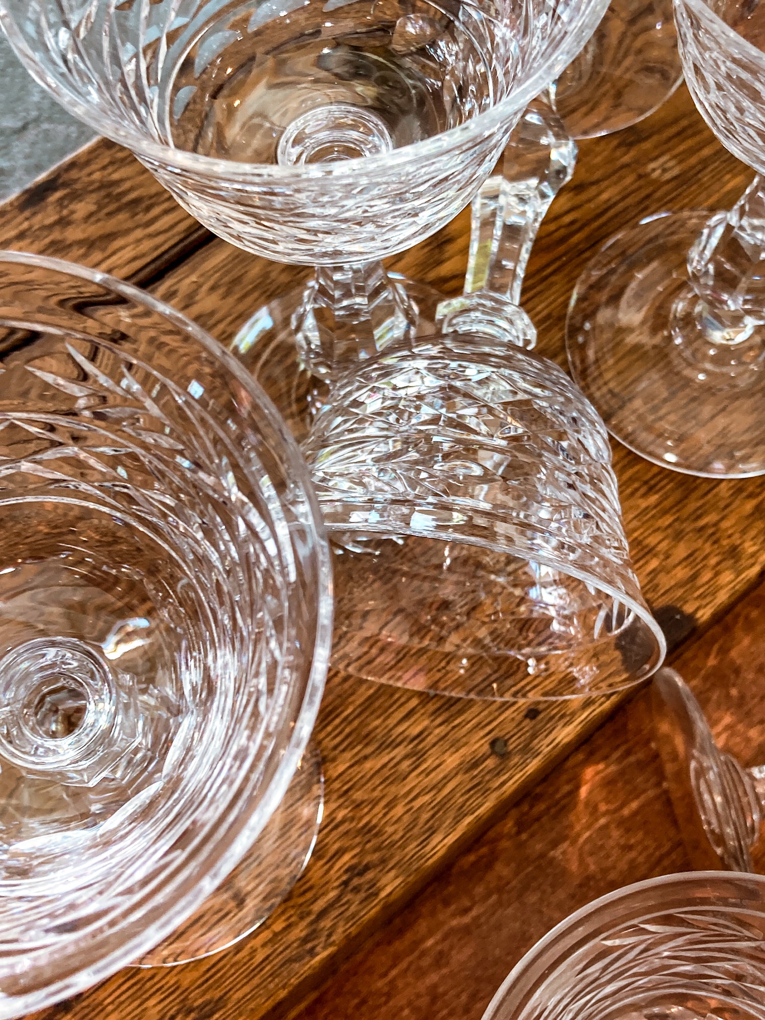 Set of Eight Vintage Engraved Clear Glass Stemmed Cocktail Glasses