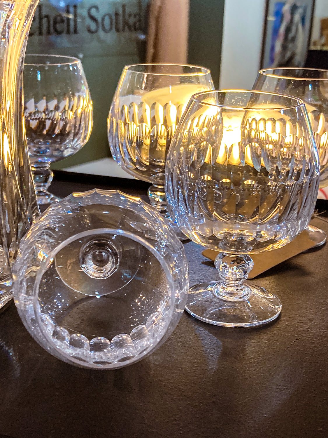 Set of Five Clear Crystal Stemmed Vintage Brandy Snifter Glasses
