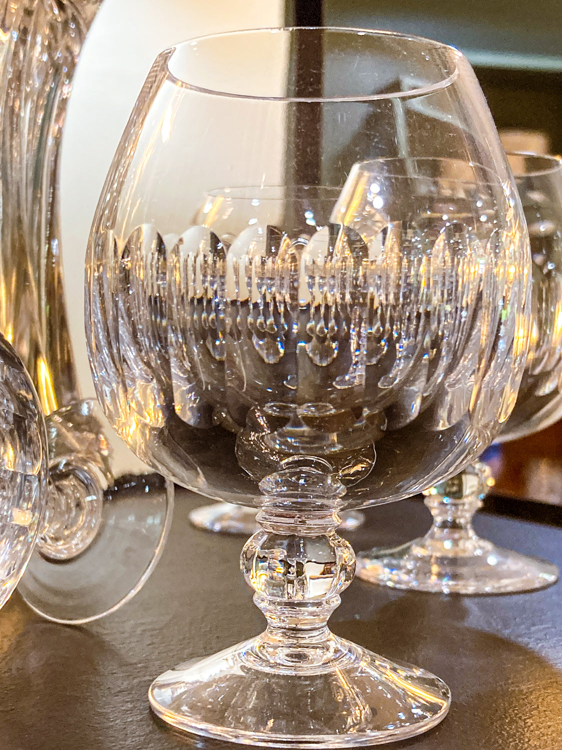 Set of Five Clear Crystal Stemmed Vintage Brandy Snifter Glasses