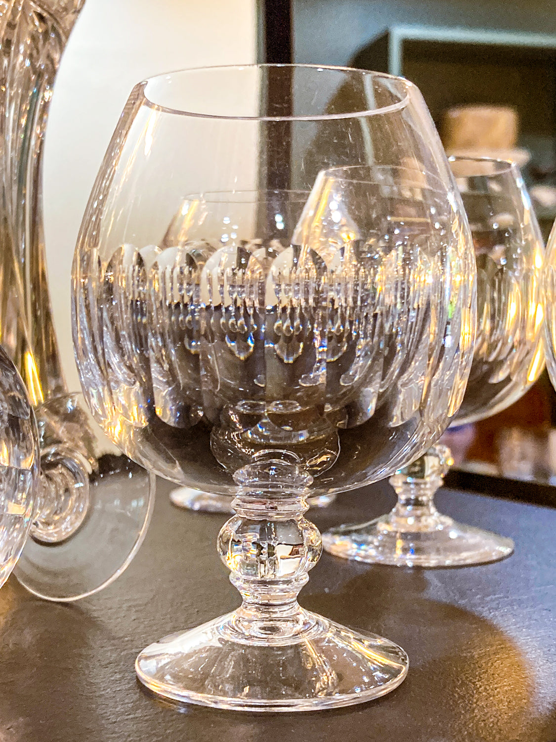 Set of Five Clear Crystal Stemmed Vintage Brandy Snifter Glasses